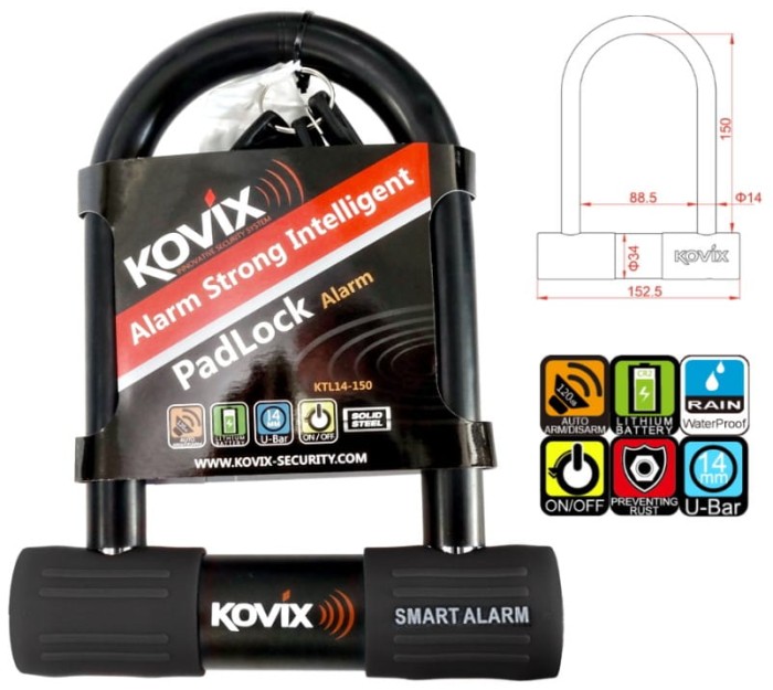 Kłódka U-Lock z alarmem 120dB KOVIX KTL14-150 czarna