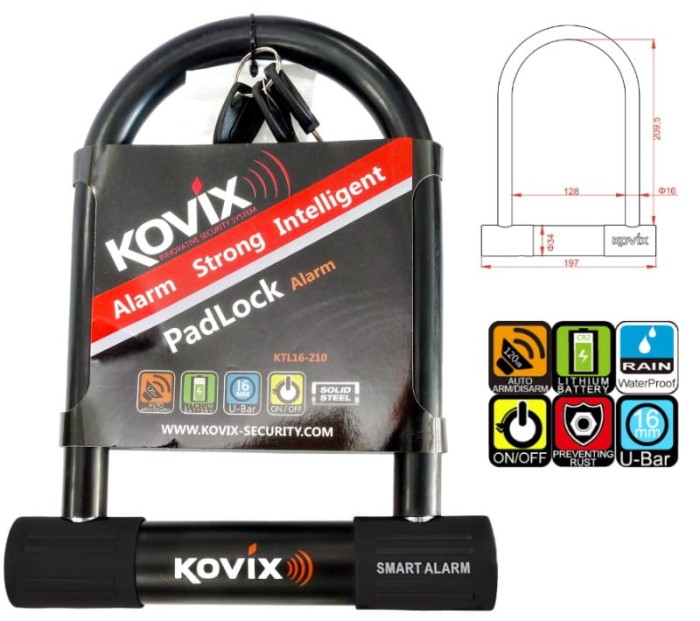 Kłódka U-Lock z alarmem 120dB KOVIX KTL16-210